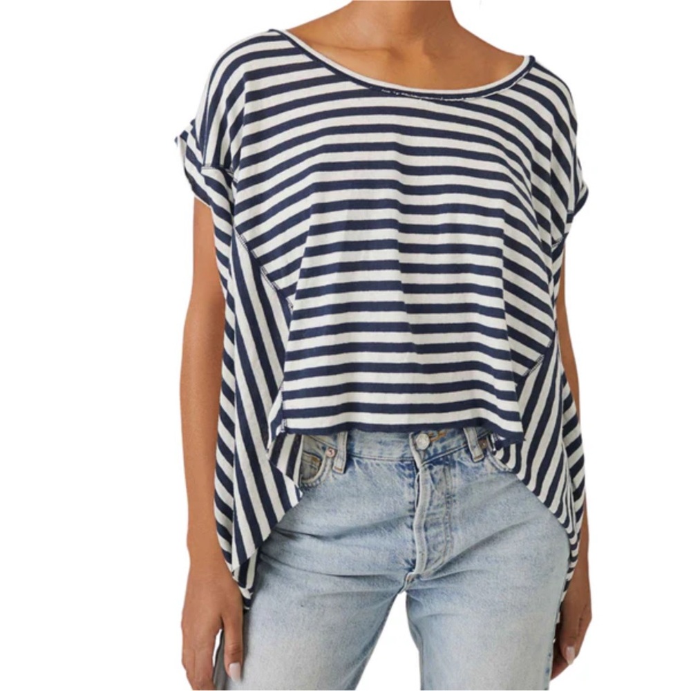 NWOT -‎ FREE PEOPLE - Striped Angel Tee Navy Blue White XS